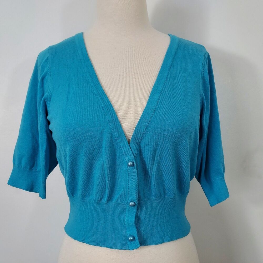 One World Cardigan Shrug Sweater Comfy Soft Button Up Short Sleeve Blue Large - Picture 2 of 12